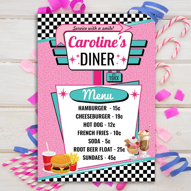 Carte de menu Retro Diner Rose et Turquoise des an (Créateur téléchargé)