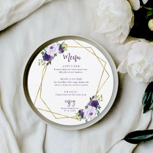 Carte de menu ronde de mariage Fleurs d'or violet