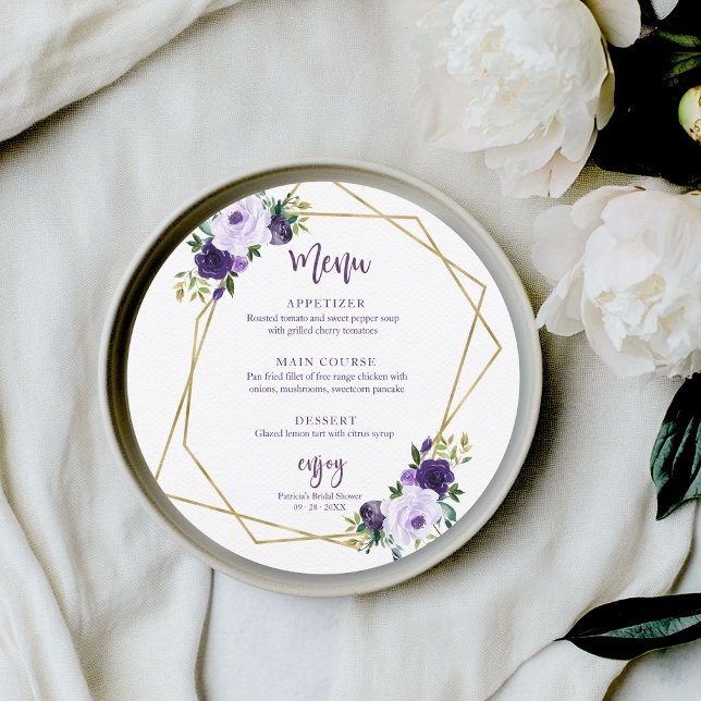 Carte de menu ronde de mariage Fleurs d'or violet (Créateur téléchargé)