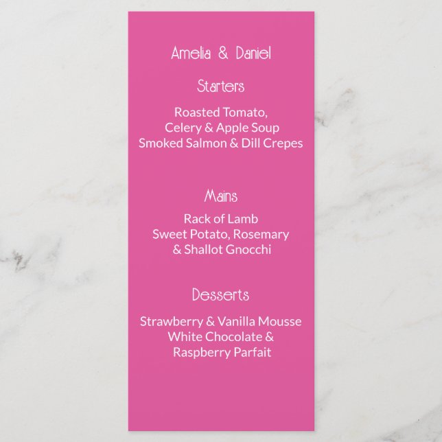 Carte de menu rose et blanc framboise (Devant)