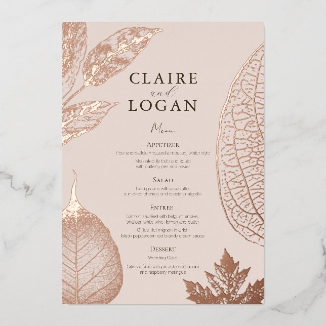 Carte de menu rose Feuille  rose beige Mariage (Recto)