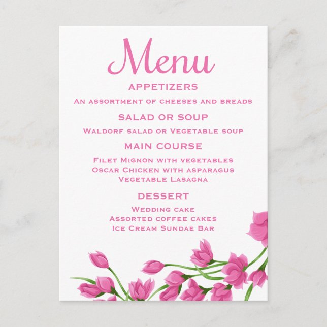Carte de Menu Rose Florale Fuchsia & Fleurs Blanch (Devant)