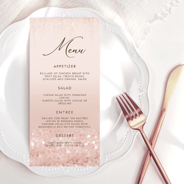 Carte de menu Rose Gold Glitter pour 50e anniversa (Rose Gold Glitter 50th Birthday Menu Card)