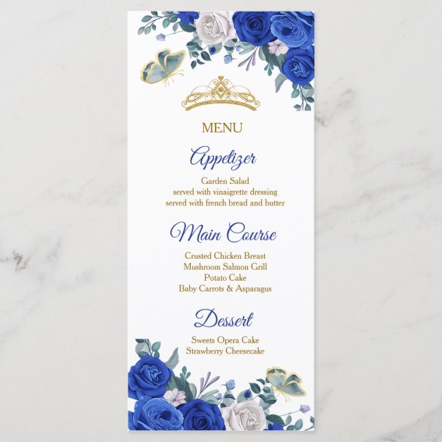 Carte de menu Royal Blue Quinceañera (Devant)