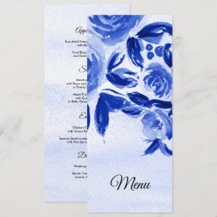 Carte de menu Royal Blue Watercolor Floral Mariage