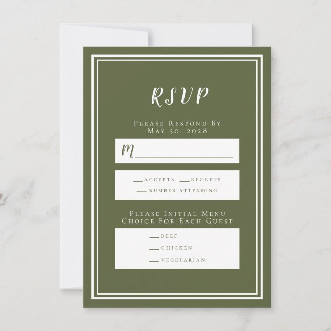 Carte de menu RSVP pour mariage vert olive minimal (Devant)