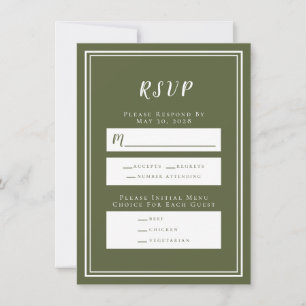 Carte de menu RSVP pour mariage vert olive minimal