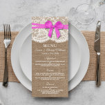 Carte de menu Rustic Pink Bow Mariage Collection<br><div class="desc">La collection rustique de mariage arc rose est un design étonnant avec un joli arrière - plan rustique effet burlap avec un ensemble romantique vintage effet dentelle blanche et un superbe arc rose. Ces menus peuvent être personnalisés pour vos occasions spéciales et rendraient le modèle parfait pour les menus mariages,...</div>