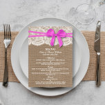 Carte de menu Rustic Pink Bow Mariage Collection<br><div class="desc">La collection rustique de mariage arc rose est un design étonnant avec un joli arrière - plan rustique effet burlap avec un ensemble romantique vintage effet dentelle blanche et un superbe arc rose. Ces menus peuvent être personnalisés pour vos occasions spéciales et rendraient le modèle parfait pour les menus mariages,...</div>