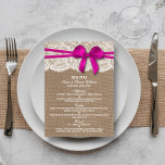 Carte de menu Rustic Pink Bow Mariage Collection<br><div class="desc">La collection rustique de mariage arc rose est un design étonnant avec un joli arrière - plan rustique effet burlap avec un ensemble romantique vintage effet dentelle blanche et un superbe arc rose. Ces menus peuvent être personnalisés pour vos occasions spéciales et rendraient le modèle parfait pour les menus mariages,...</div>