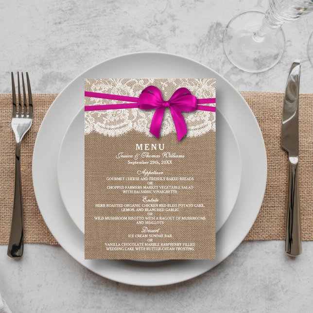 Carte de menu Rustic Pink Bow Mariage Collection (Créateur téléchargé)