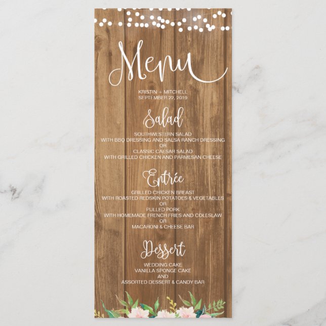 Carte de menu Rustic Rose Floral & Mariage Bois (Devant)
