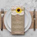 Carte de menu Rustic Sunflower Mariage Collection<br><div class="desc">La collection de tournesol rustique est un design époustouflant avec un bel arrière - plan rustique effet burlap avec un cadre romantique vintage effet dentelle blanche fini avec un superbe tournesol et ficelle. Ces menus peuvent être personnalisés pour vos occasions spéciales et rendraient le modèle parfait pour les menus mariages,...</div>
