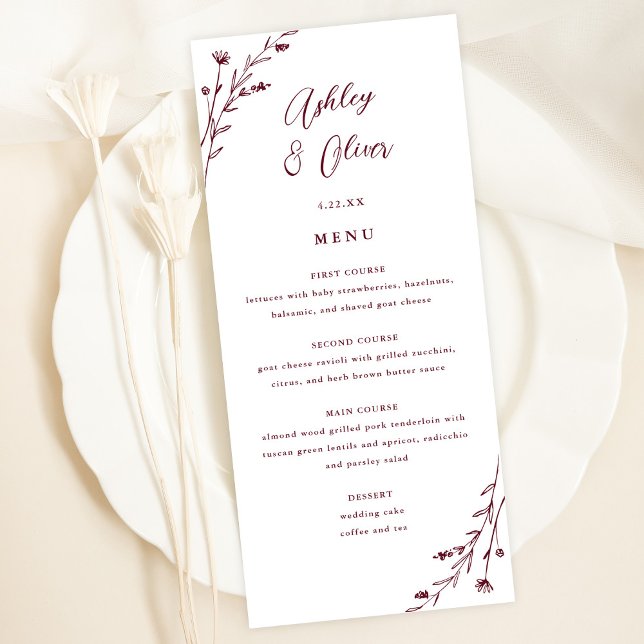 Carte de menu Rustic White & Burgundy Floral Maria (Créateur téléchargé)