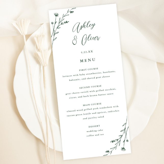 Carte de menu Rustic White & Green Botanical Maria (Créateur téléchargé)