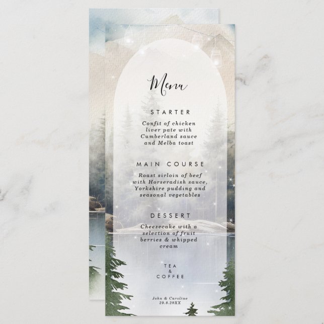 carte de menu rustique mariage de montagne d'hiver (Devant / Derrière)