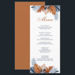 Carte de menu Rustique Midnight Blue Monstera<br><div class="desc">Complétez votre réception de mariage avec nos délicieuses cartes de menu mariage "Rustic Midnight Blue Monstera". Avec le même design captivant que le reste de la collection, ces cartes de menu sont un complément parfait à vos paramètres de table. L'avant de la carte présente la combinaison enchanteresse de feuilles de...</div>