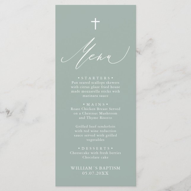 Carte de menu Sage Green White Cross Boy Baptism (Devant)