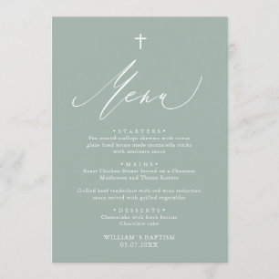 Carte de menu Sage Green White Cross Boy Baptism