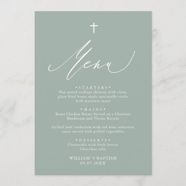 Carte de menu Sage Green White Cross Boy Baptism (Devant)