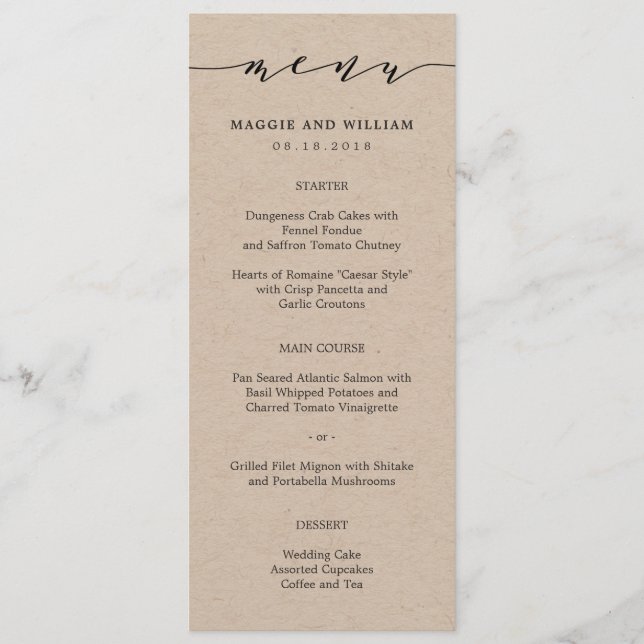 Carte de menu Script Kraft sans effort (Devant)