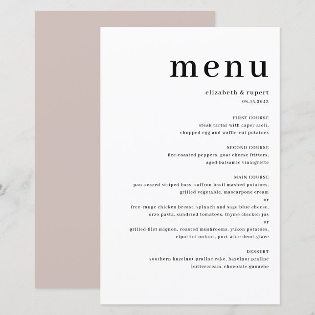Carte de menu Serif minimaliste noir (Devant / Derrière)