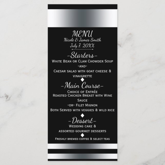 Carte de menu simple élégante chic argent et noir (Devant)
