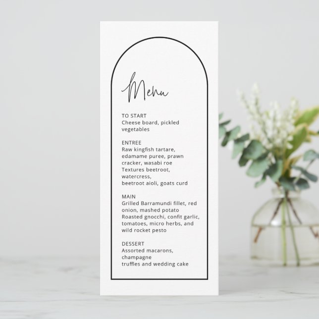 Carte de menu simple Mariage Arche noire et blanch (Debout devant)