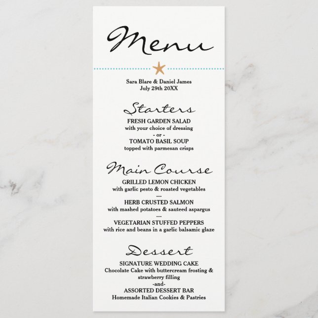 Carte de menu sur la plage - Menus Mariages - Star (Devant)