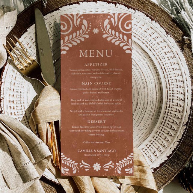 Carte de Menu Terracotta Rustique Mexique (Terracotta Talavera Wedding Menu Card)