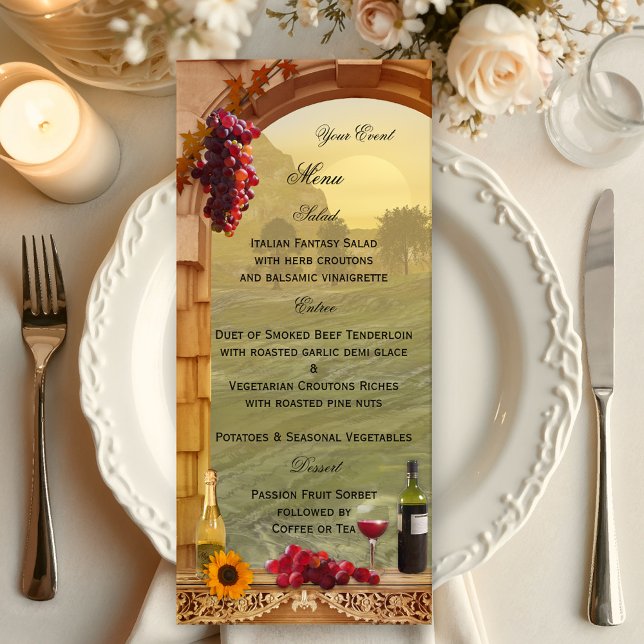 Carte de menu thématique vignoble ou vin (Wedding menu card in vintage Italian style with a winery or vineyard theme)