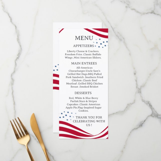 Carte de menu thème drapeau américain (Devant/Arrière en situation)