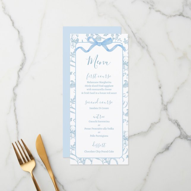 Carte de menu Toile de Jouy Bleu pour Shower de Bé (Devant/Arrière en situation)