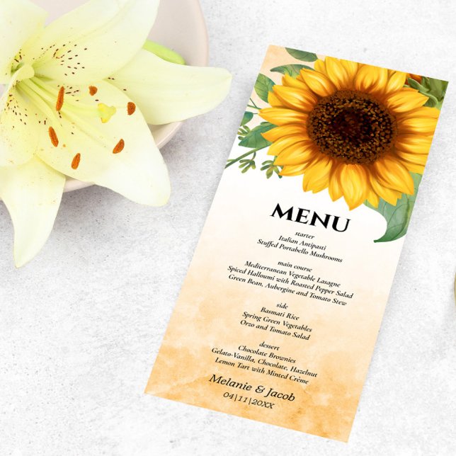 Carte de menu Tournesol Watercolor (Créateur téléchargé)