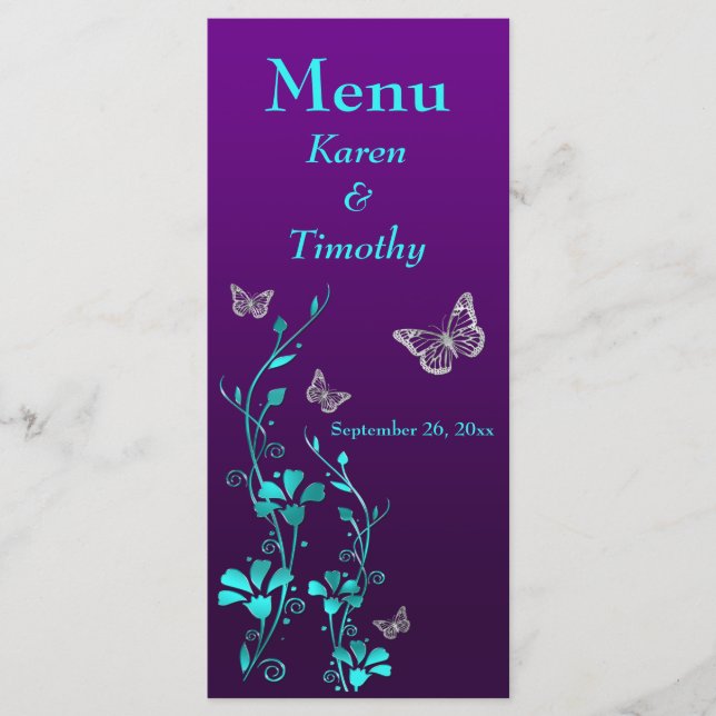 Carte de menu Turquoise à papillon  Floral Mariage (Devant)