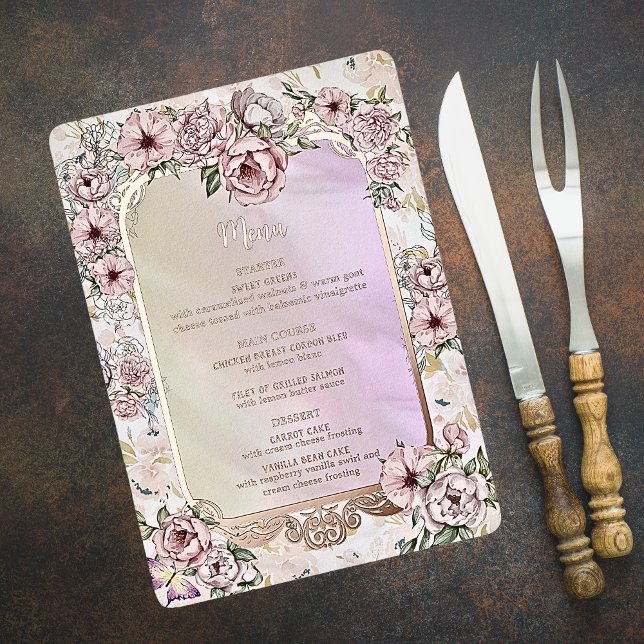 Carte de menu vintage Champagne Peony Mariage Foil (Créateur téléchargé)