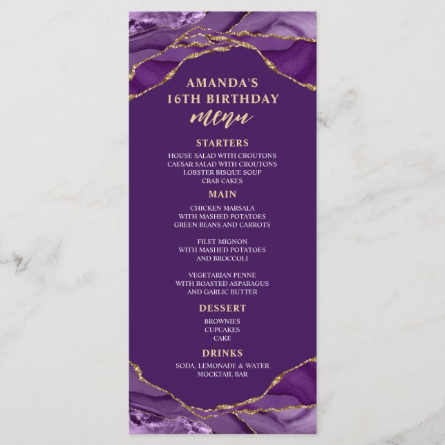 Carte de menu violet et or Agate Design (Devant)