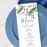 Carte de menu Watercolor Blue Crab Coastal<br><div class="desc">Conçu pour coordonner avec ma collection de crabes d'aquarelle côtière,  ce menu de dîner peut être personnalisé avec vos noms et choix de repas. La carte revient à une couleur bleu marine solide. Parfait pour les mariages de plage et nautiques. Pour voir l'ensemble de la papeterie mariage,  visitez www.zazzle.com/dotellabelle</div>