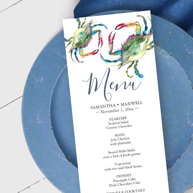 Carte de menu Watercolor Blue Crab Coastal (Wedding decor beach menu card blue crabs watercolor art by Victoria Grigaliunas)
