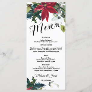 Carte de menu Watercolor Christmas Poinsettia 4x9