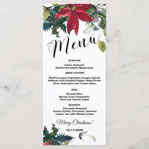 Carte de menu Watercolor Christmas Poinsettia 4x9