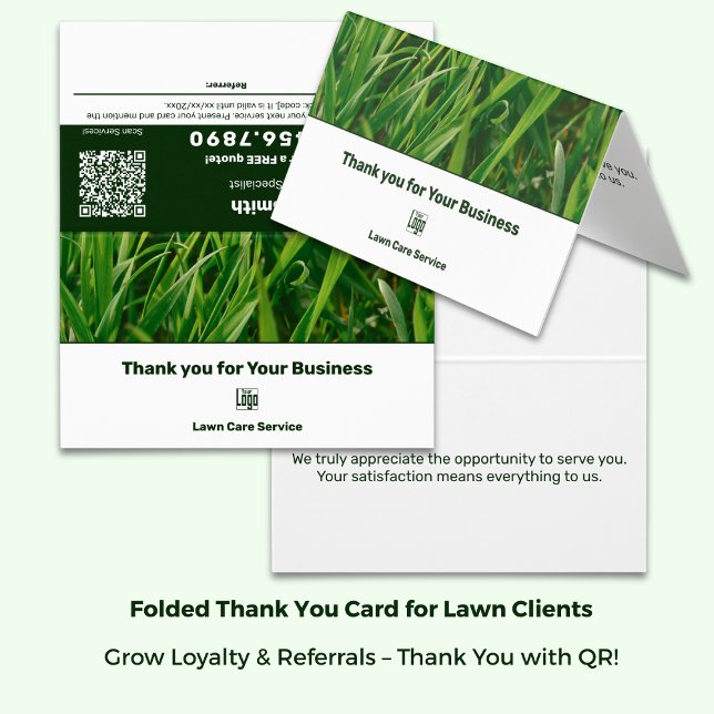 Carte de Merci de soin de pelouse avec logo (Lawn Lawn Care Thank You Referral Card with Logo - Green White Branding - Folded Size: 3.5x2 Inch)