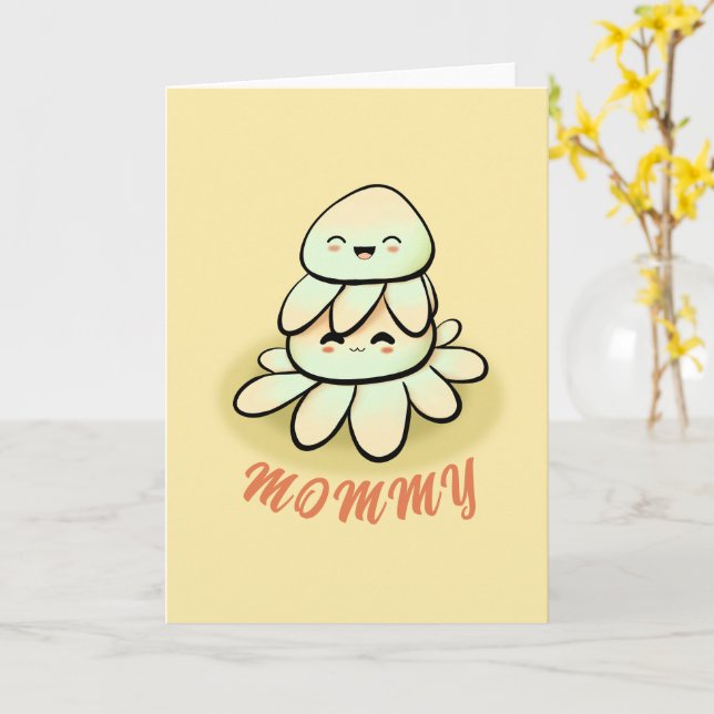 carte de mère pieuvre verte mignonne (Fleur jaune)