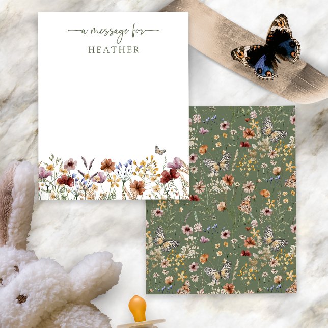 Carte de Message Fleur Sauvage Verte (Sage Green Boho Wildflower Message Card with Butterfly by Painted Paperie
)
