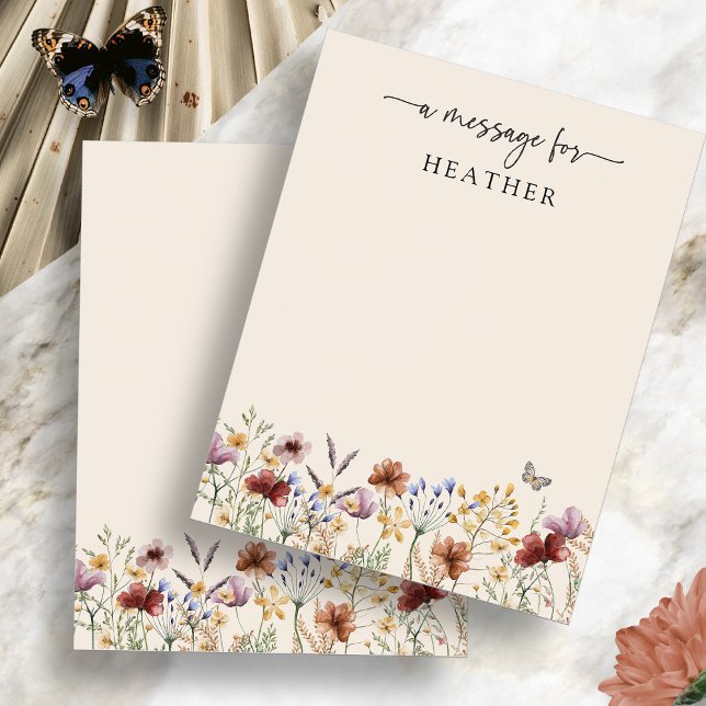 Carte de Message pour Baby Shower Boho Wildflowers (Watercolor Boho Wildflowers Baby Shower Message Card with Butterfly by Painted Paperie
)
