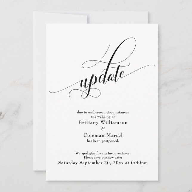 Carte de mise à jour Mariage reportée blanche élég (Devant)
