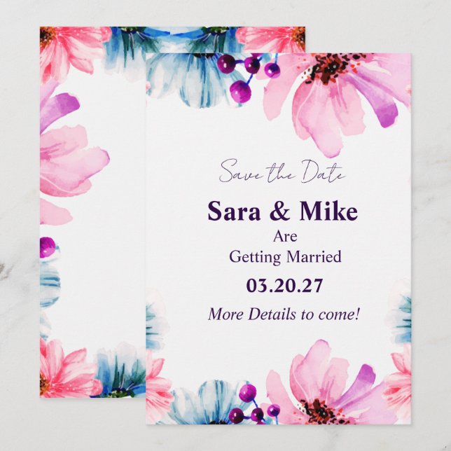 Carte de mise en garde "Blush & Blue Floral" (Devant / Derrière)