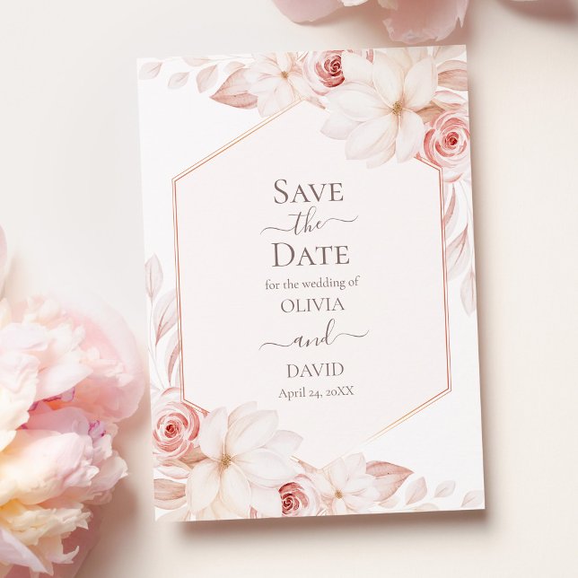 Carte de mise en garde Boho Soft Blush Roses (Boho White and Pink Roses Save the Date Card on pink table with pale pink peonies.)