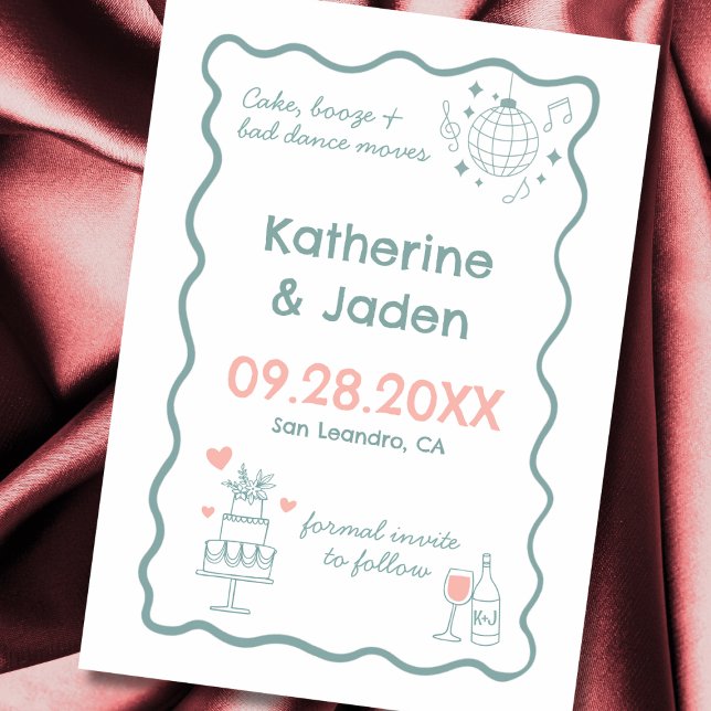 Carte de mise en garde de mariage bleu gribouillis (Whimsical, fun, doodle, wedding save the date card)
