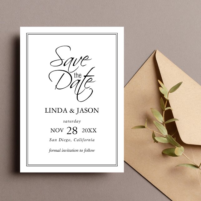 Carte de mise en garde mariage classique noir et b (Black and white save the date card announces your day with timeless style and elegance.)